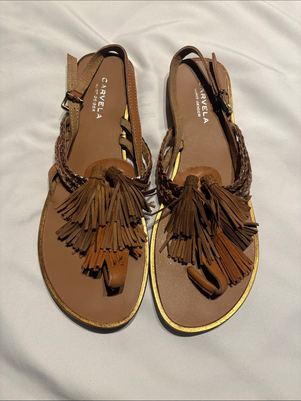 Kurt Geiger Brown Braided Tassel Slingback Sandals